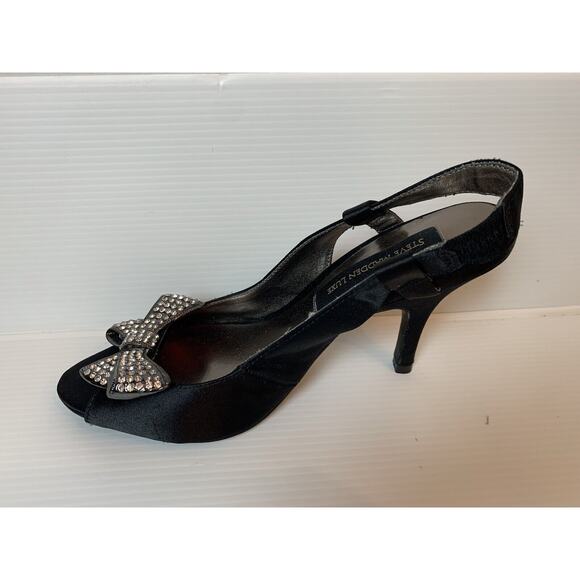 Steve Madden Luxe Black Satin Sling Back Heels Rhinestone Bow Toe US 6.5 - Picture 8 of 15